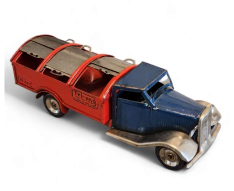 Triang Minic tinplate clockwork Dust Cart, violet blue cab, red body, bright plated shutters, front wings and hubs, (playworn