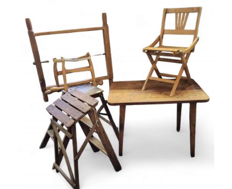 A 20th century rounded rectangular inlaid coffee table, 70cm wide;&nbsp; a child's folding chair;&nbsp; folding step ladders;