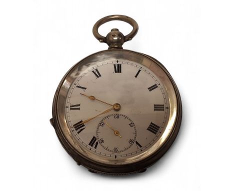 A silver open faced pocket watch, unsigned movement, white enamel dial, Roman numerals, outer minute track, subsidiary second