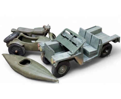 Three vintage Action Man vehicles, Land Rover, motorbike and side car and canoe.