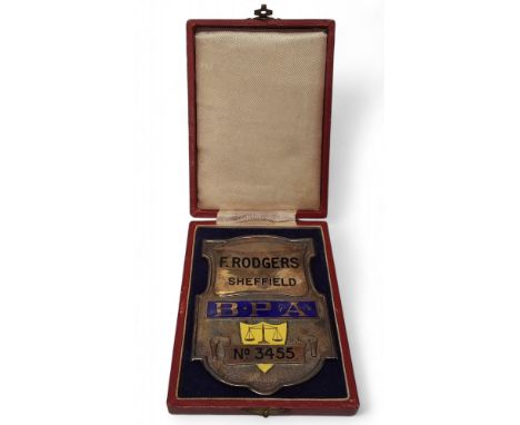A silver &amp; enamel British Bookmakers Protection Association (BPA) badge /shield, F. Rodgers Sheffield No. 3455,&nbsp;Vaug
