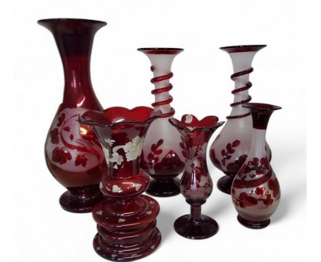 A 19th century pedestal ovoid vase, etched with a bird perched on a branch, 27.5cm high, c.1880; a pair of frosted and ruby g