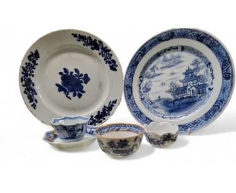 An 18th century Chinese plate, decorated in underglaze blue with pagoda and pine trees, diaper border, 23cm diam, c.1770;&nbs