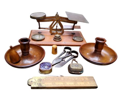A set of 20th century postal scales, warranted accurate, with stacking weights, 8oz - 1/2oz;&nbsp; &nbsp;Rabone ruler;&nbsp; 