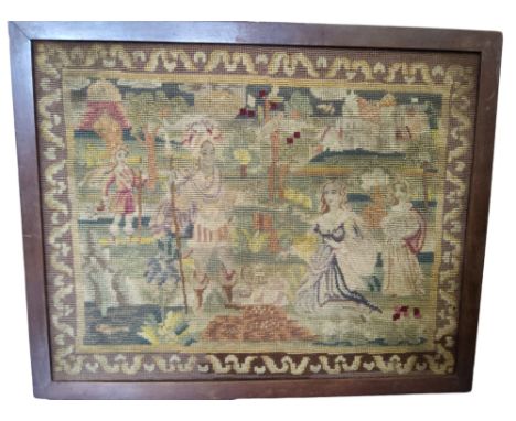 A 19th century tapestry, embroidered with figures, trees and buildings, meandering scroll border, 46cm x 57cm, framed