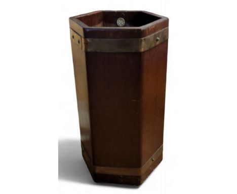 A R. Alister &amp; Co. Ltd Dursley oak and brass banded hexagonal stick stand,&nbsp; fitted drip tray, ivorine plaque,&nbsp; 