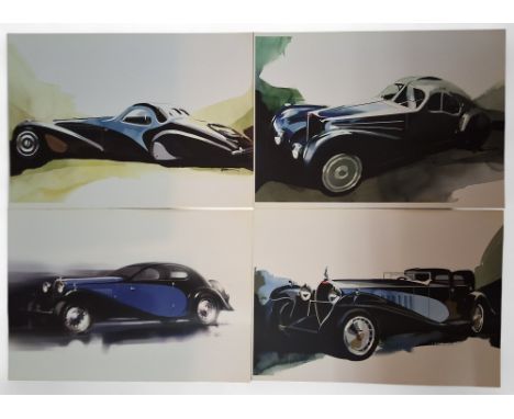 Automobilia - Bugatti, a set of twelve art prints on card 38 x 58cms, depicting the Type 13, Bresica, Type 32 Tank, Type 35, 