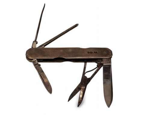 A silver multi-tool pocket knife, silver scales Needham Brothers Ltd, Sheffield, 1941, main &amp; smaller blade stamped Needh