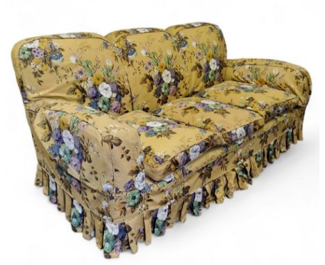 A country house three-seater sofa upholstered in a Sanderson floral fabric, 85cm x 185cm x 90cm, seat height 42cm