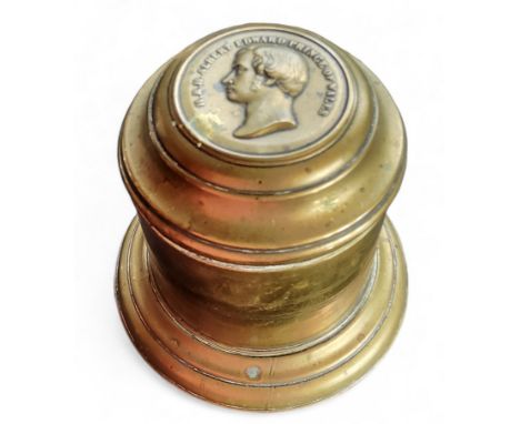 Royalty - a 19th century brass cylindrical box, the push-fitting cover with a portrait roundel, H.R.H Albert Edward, Prince o