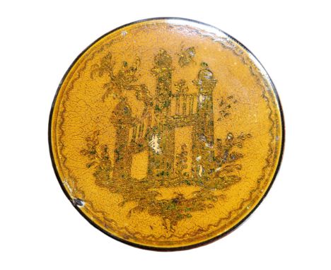 An early 19th century vernis martin circular snuff box, the push-fitting cover decorated in gilt with Chinoiserie architectur