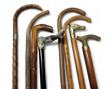 A silver mounted rustic walking stick;&nbsp; others