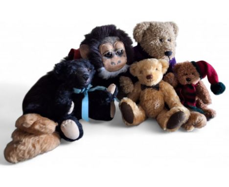 A Linny K Collector Bears, Schulte Mohair, black bear, stiff jointed, turquoise ribbon;&nbsp; Linny K Collector Bears, stiff 