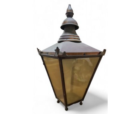 An early 20th century copper street lantern, W Windsor No 287 Hoddesden Herts, bud finial, ball feet, 93cm high