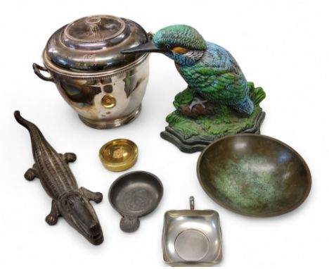 A cast iron and painted door stop, as a kingfisher, 23cm high;&nbsp; a crocodile nut cracker, 38cm long;&nbsp; a Master Cutle