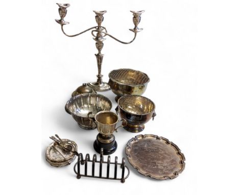 Plated Ware - a three light two branch table candlesticks, urnular sconces, tapering column, navette shaped base, 44cm high;&