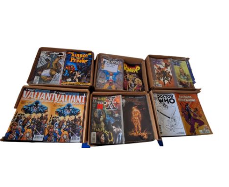 Comics - Six boxes of "as new" DC and Marvel comics, titles include Ultimate S-Men, Black Panther, Doctor Who, Power, Demon, 