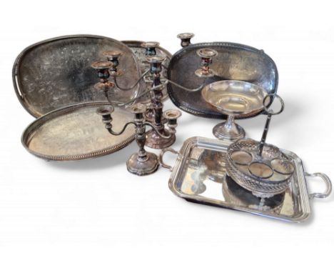 Plated Ware - an E.P.N.S. gallery tray, die stamped field, 42cm wide;&nbsp; others;&nbsp; a pair of three light two branch ca