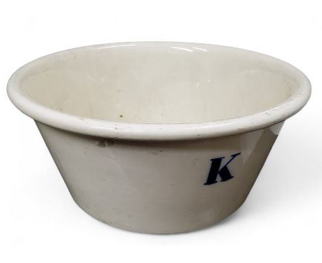 Kitchenalia - a substantial Edwardian Mintons mixing bowl, marked with the letter 'K', 20cm high x 44.5cm diameter