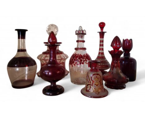 A 19th century Bohemian ruby glass scent bottle and stopper, etched with fruiting vine, 15cm high, c.1880;&nbsp; &nbsp;others