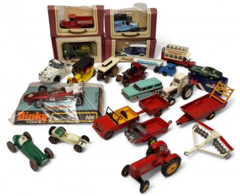 Dinky including 340 Land Rover, 341 trailer, 321 Massey Harris Manure Spreader, 320 Halesowen Farm Trailer, 27a Massey-Harris