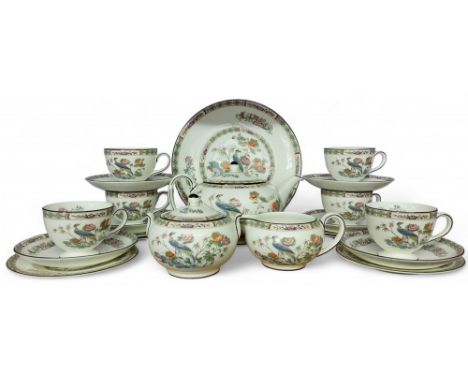 A Wedgwood Kutani Crane tea service, for six, comprising teapot, milk jug, sugar bowl, teacups, saucers and side plates, prin