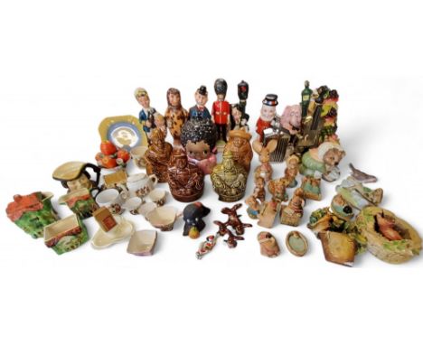 Novelty musical and other decanters, Yeoman, Rolls Royce radiator, comincal figures, etc;&nbsp; novelty biscuit and other sto