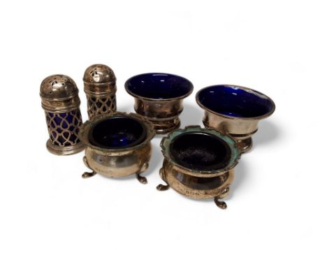 A pair of silver and enamel pedestal salts, blue enamel interior (losses),&nbsp;Horton &amp; Allday, Birmingham, 1923, 77.7g 