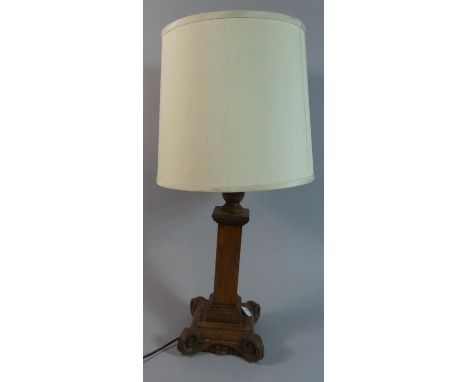 An Edwardian Oak Table Lamp with Scrolled Square Plinth Base 