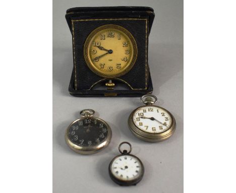A Vintage Travelling Alarm Clock and Three Pocket Watches 