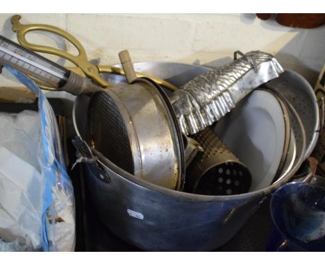 A Tray of Vintage Kitchen Wares to Include Jam Thermometer, Jelly Moulds, Colander, Cooking Pot, Sieve etc 