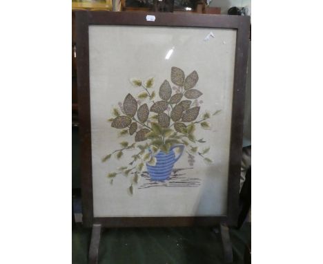 An Edwardian Oak Framed Silk Embroidered Firescreen 