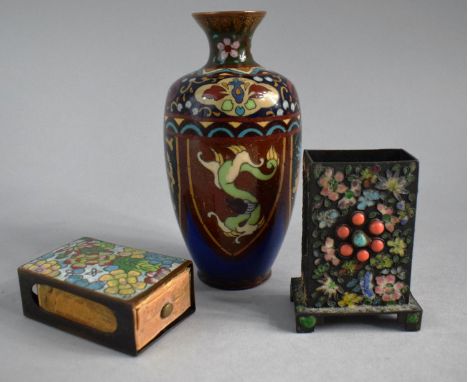 A Small Oriental Cloisonne Vase, a Small Cloisonne Match Box Holder and a Similar Desk Top Match Box Holder with Miniature Ca