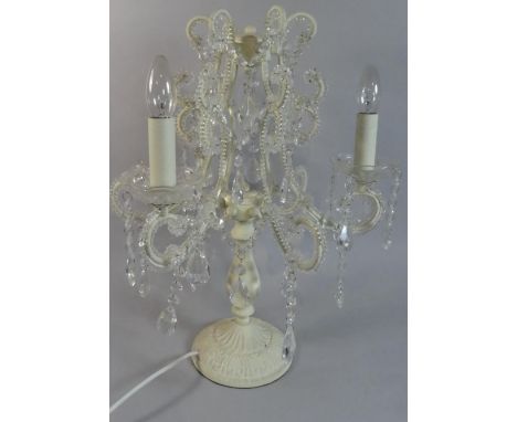 A Modern Ornate Three Branch Table Lamp with Crystal Droppers, 54cm High 