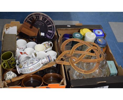 Two Boxes Containing Glass Tankards, Tins, Mugs, Carpet Beater, Wall Clock etc 