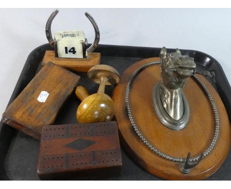 A Tray Containing Desktop Calendar, Horse Gong Stand, Wooden Cribbage Board, Drawing Set etc 