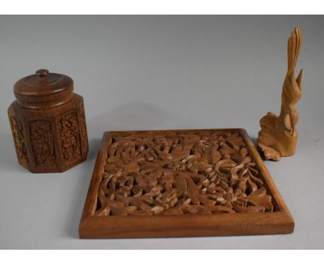 A Carved Oriental Octagonal Tea Caddy, Pierced Wall Hanging Decorated with Birds and a Root Carving of a Bird 