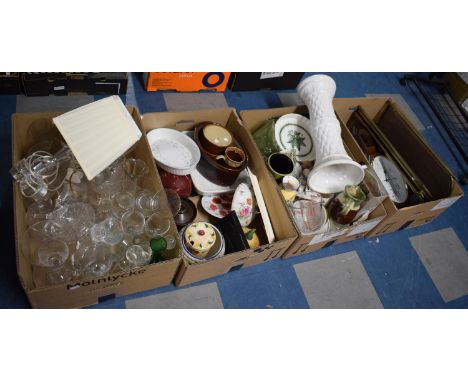 Four Boxes Containing Wall Clock, Ceramics, Glassware, Storage Pots, Fire Guard, Table Lamp 