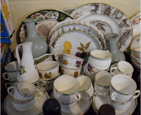 A Tray of Ceramics to Include Royal Worcester Evesham, Coalport Ironbridge Plate, Tea and Coffee Wares, Pair of Celadon Glaze