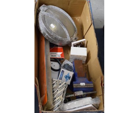 A Box of Various Tools, Bulk Head Light, Vice etc 