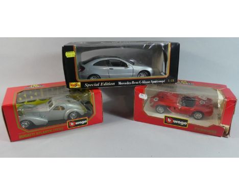 Two Boxed Bburago Diecast Ferrari and Bugatti Together with a Maisto Mercedes Sports Coupe 