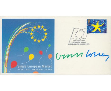 David Hockney, a signed (in green and blue ink) 1992 European Market FDC with insert. The stamp was designed by Hockney. A Br