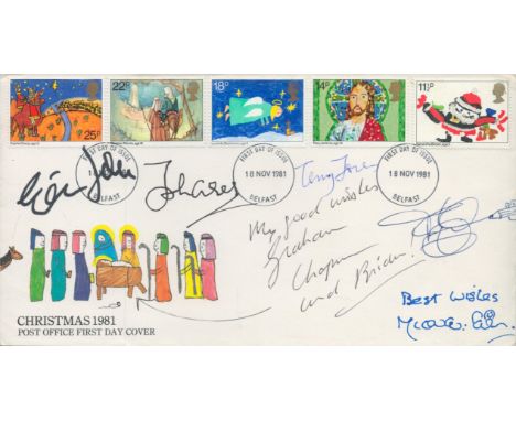 Monty Python, a Christmas 1981 FDC. Signed by six: Graham Chapman, (adding 'and Brian' with arrow to crib), John Cleese, Mich