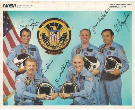 Space. All Members of STS-51-C signed 10 x 8 inch colour NASA Photo. Signed in black ink by Thomas K. Mattingly II, Loren J. 