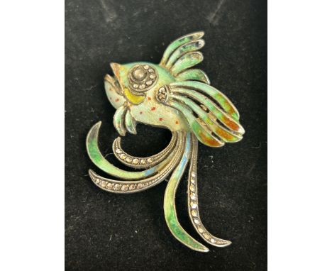silver enamel fish brooch