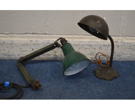 A VINTAGE INDUSTRIAL GOOSENECK DESK LAMP and a green enamelled industrial lamp (2)