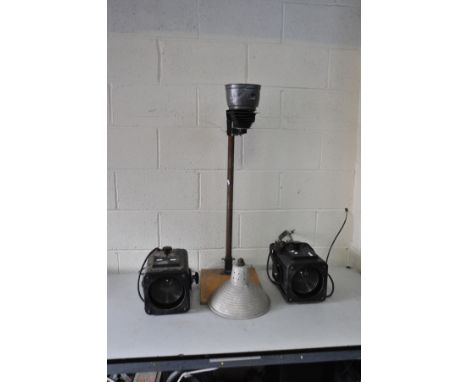TWO RANK STRAND MODEL 833 VINTAGE STAGE LIGHTS (untested due to round pin plugs), a partial photographic enlarger on stand an