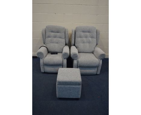 A PRIMACARE PATTERNED GREY UPHOLSTERED ELECTRIC RISE AND RECLINE ARMCHAIR (PAT pass and working) a matching armchair and a po