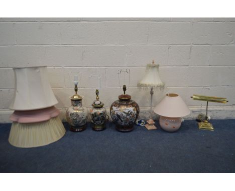 THREE ORIENTAL CERAMIC TABLE LAMPS, with fabric shades, along with a brass bankers lamp and two other lamps (6)