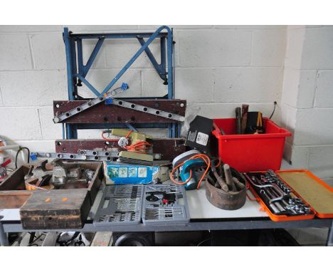 A VINTAGE BLACK AND DECKER WORKMATE, a Draper socket set, a tray of tools including hammers, files, screwdrivers, etc, a vint